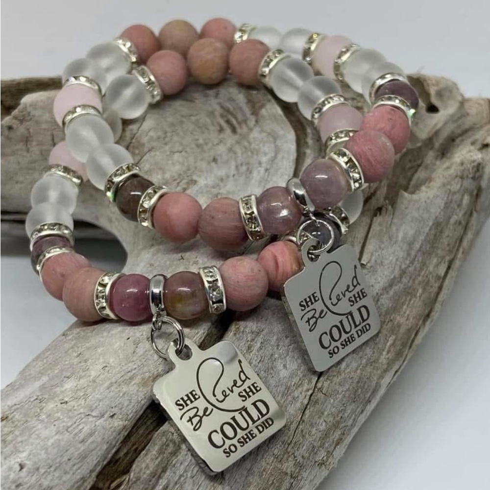 Rhodonite & Crystal Quartz Beaded Bracelets with Inspirational Charms